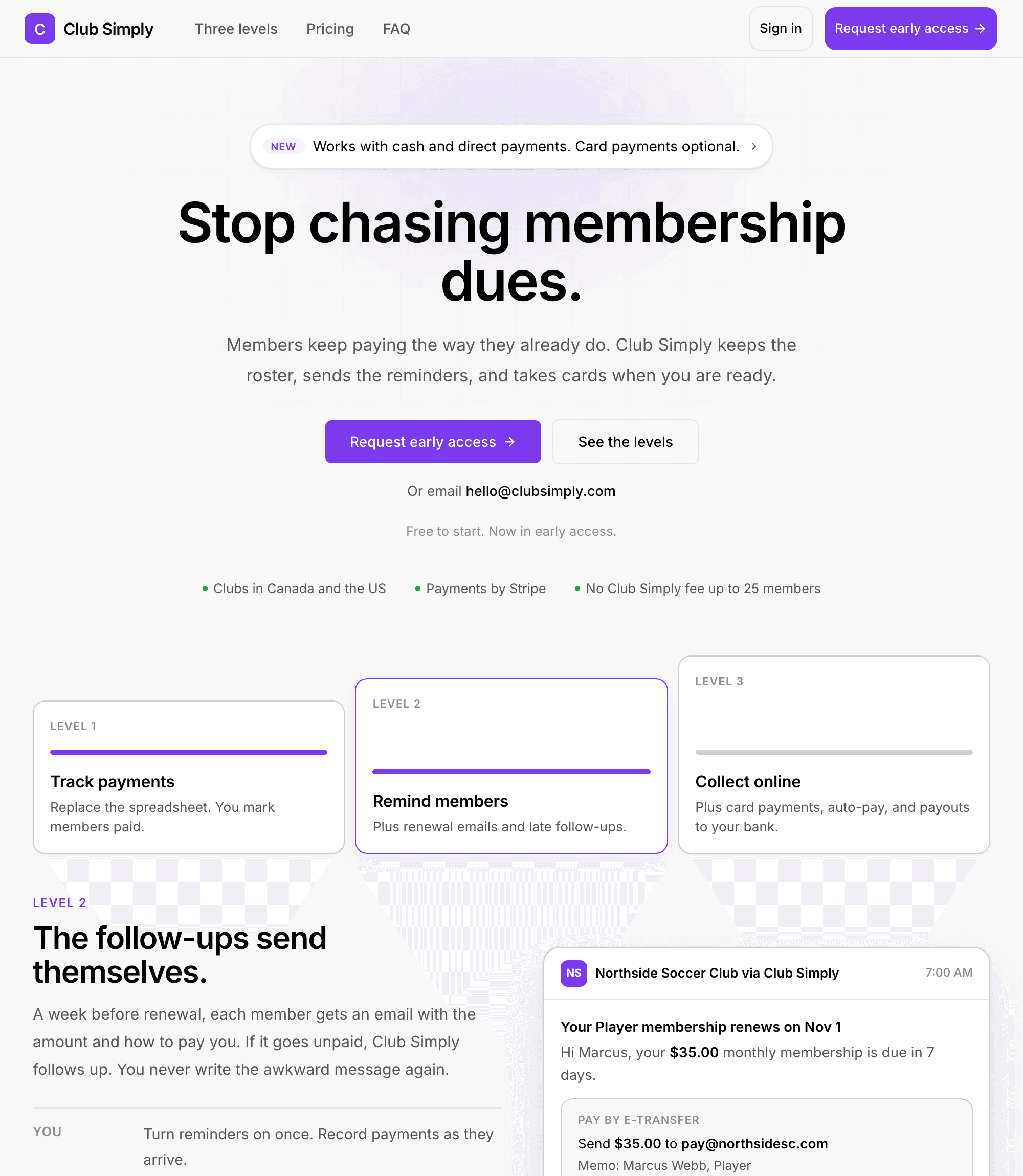 Club Simply landing page: Stop chasing membership dues